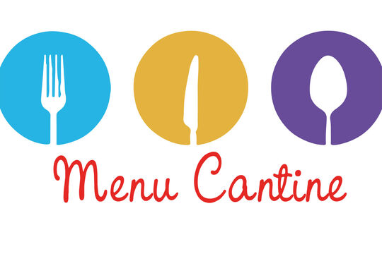 Illustration avec indiqué "menu cantine". On voit une fourchette dans un rond bleu, un couteau dans un rond orange et une cuillère dans un rond violet.